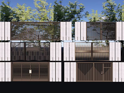 Building Exterior Wall Featuring White Slats Dark Metal Grilles And Green Trees 3d model