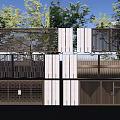 Building Exterior Wall Featuring White Slats Dark Metal Grilles And Green Trees