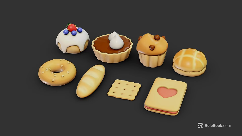 Assorted Baked Pastries Including Donut Cream Tart Cupcake Bread And Biscuit 3d model 