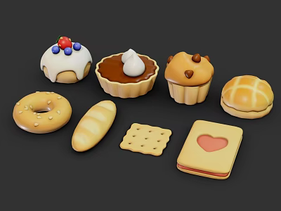 Assorted Baked Pastries Including Donut Cream Tart Cupcake Bread And Biscuit 3d model