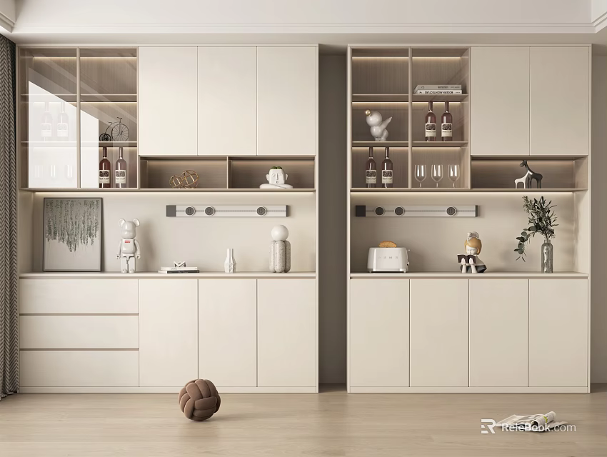 Modern Wine Cabinet With Glass Doors Open Shelves And Decorative Wine Bottles 3d model 