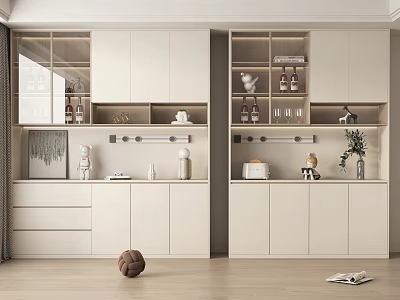 Modern Wine Cabinet With Glass Doors Open Shelves And Decorative Wine Bottles 3d model