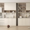Modern Wine Cabinet With Glass Doors Open Shelves And Decorative Wine Bottles