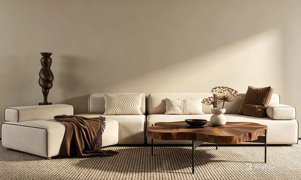 Modern Beige Sofa Set With Throw Pillows Wooden Coffee Table Vase Dried Flowers And Rug 3d model 