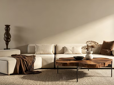 Modern Beige Sofa Set With Throw Pillows Wooden Coffee Table Vase Dried Flowers And Rug 3d model