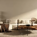 Modern Beige Sofa Set With Throw Pillows Wooden Coffee Table Vase Dried Flowers And Rug