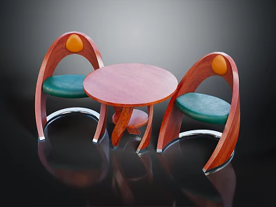 Round Wooden Table Chair Set With Curved Backrest Green Seat Cushion Orange Accent Metal Legs 3d model