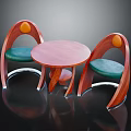 Round Wooden Table Chair Set With Curved Backrest Green Seat Cushion Orange Accent Metal Legs