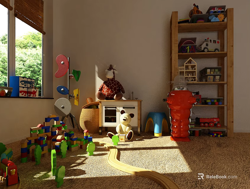 Plush Doll In Children's Playroom With Building Blocks Train Track And Toys 3d model 
