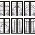Decorative Sliding Doors Featuring Various Geometric Patterns Dark Frames And Glass Panels 3d model