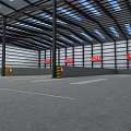 Industrial Factory White Building With Red Accents Green Trees Silos Yellow Trucks And Blue Fence