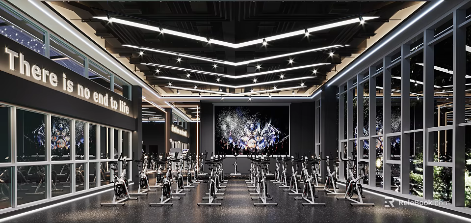 Modern Gym Interior With Spinning Bikes And Lighting 3d model