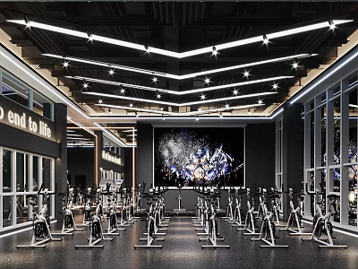 Modern Gym Interior With Spinning Bikes And Lighting 3d model