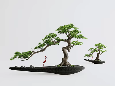 Bonsai Plants with Curved Trunks Green Leaves and Red Flamingo Decorations on Black Bases 3d model