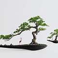 Bonsai Plants with Curved Trunks Green Leaves and Red Flamingo Decorations on Black Bases