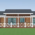 Wooden Detached House With Black Roof White Porch Railings And Green Lawn