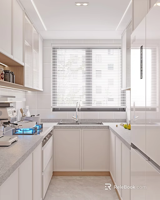 Modern Kitchen Interior With White Cabinets Window Blinds Sink Cooktop And Fruits On Countertop 3d model 