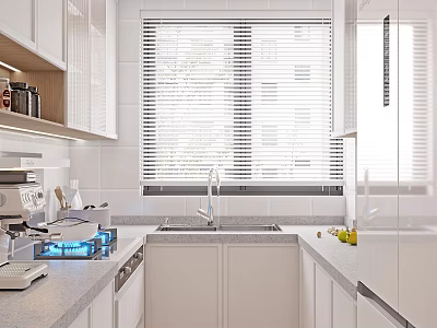 Modern Kitchen Interior With White Cabinets Window Blinds Sink Cooktop And Fruits On Countertop 3d model