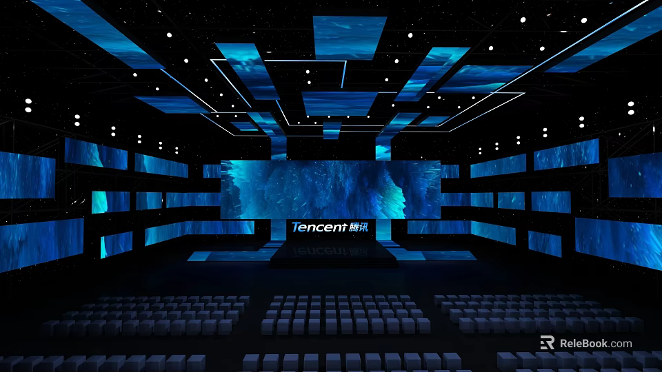 Tencent Conference Hall Interior With Multiple Blue Screens And Audience Seats Setup 3d model 