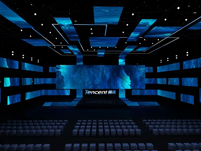 Tencent Conference Hall Interior With Multiple Blue Screens And Audience Seats Setup 3d model