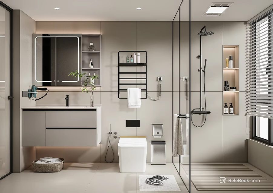 Modern Bathroom Interior With Glass Shower Vanity Mirror Storage Shelves And Towel Rack 3d model 