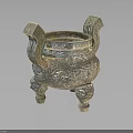 Ancient Bronze Tripod Cauldron With Intricate Carvings Decorative Handles And Three Legs
