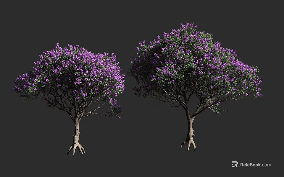 Two Tall Arbors With Purple Blossoms Green Foliage And Visible Roots 3d model 