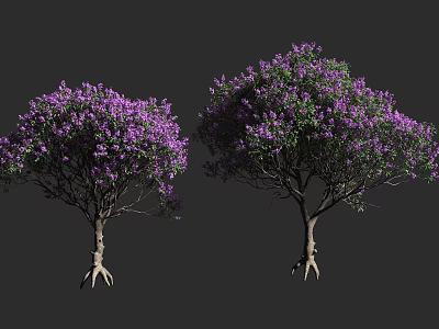 Two Tall Arbors With Purple Blossoms Green Foliage And Visible Roots 3d model