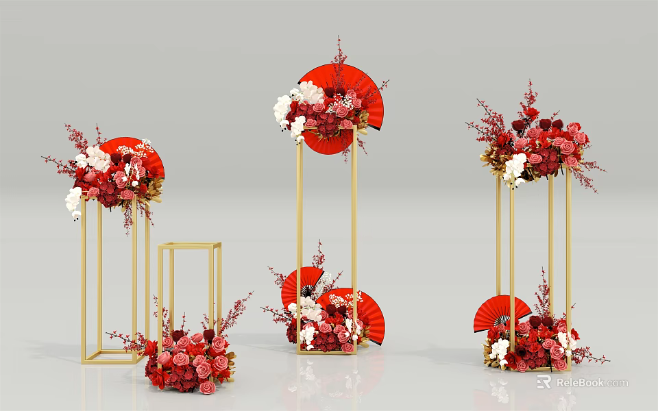Floral Decorations with Red Fans Gold Stands and Red White Flowers 3d model 