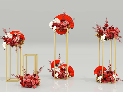 Floral Decorations with Red Fans Gold Stands and Red White Flowers 3d model