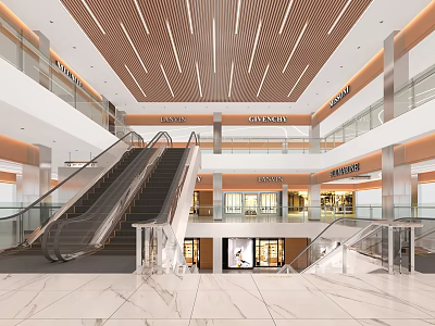 Multi Level Shopping Mall Lobby With Modern Wooden Striped Ceiling Escalators And Brand Stores 3d model