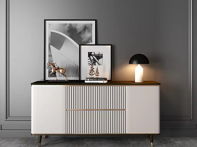 Modern Entryway Cabinet Sideboard With White Black Finish Gold Accents Framed Art And Gold Horse Sculpture 3d model