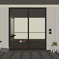 Black Framed Glass Sliding Door In Modern Minimalist Interior With White Cabinets