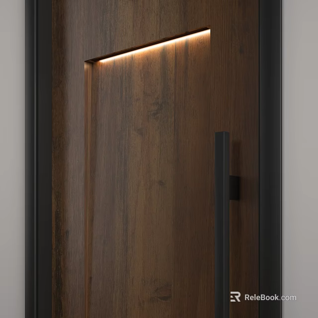 Sleek Wooden Hinged Door With Black Handle And Recessed Lighting Design 3d model 
