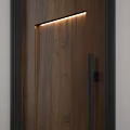 Sleek Wooden Hinged Door With Black Handle And Recessed Lighting Design