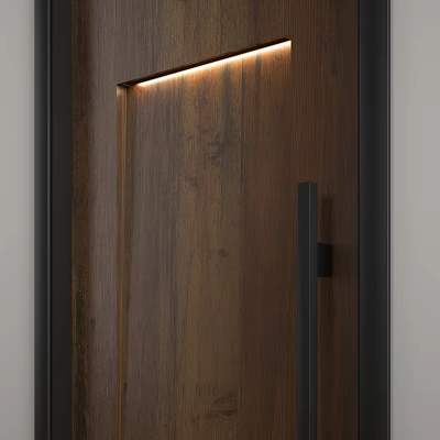 Sleek Wooden Hinged Door With Black Handle And Recessed Lighting Design 3d model