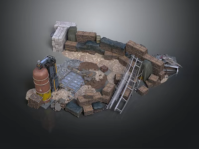 Tactical Military Scene Construction With Bricks Ladder Barrel And Sandbags 3d model