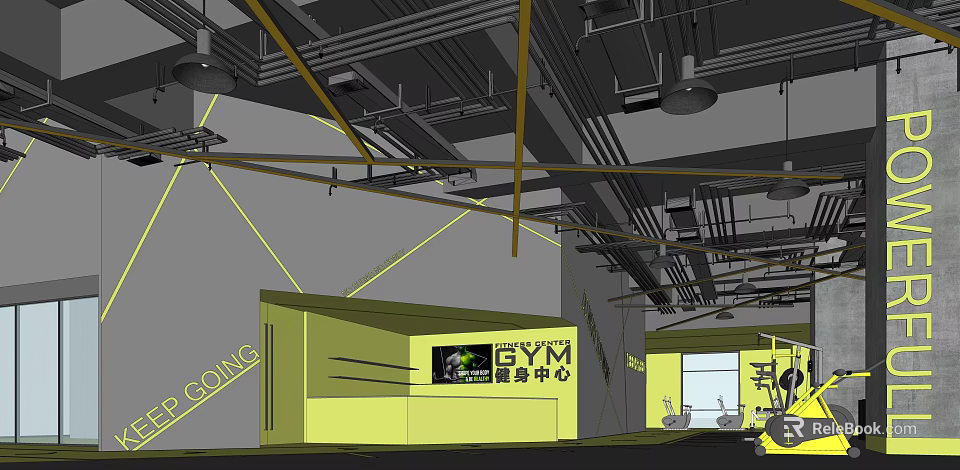 Modern Gym Fitness Center Interior With Workout Equipment Training Area And Ceiling Structure 3d model 
