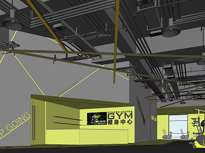 Modern Gym Fitness Center Interior With Workout Equipment Training Area And Ceiling Structure 3d model