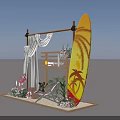 Beach Themed Decor Setup With Wooden Structure White Curtains Flamingo Surfboard And Striped Chair