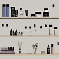Perfumes and Cosmetics Collection on Wooden Shelves with Bottles Jars Makeup Brushes and Reed Diffusers