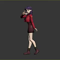 Stylish Game Movie Character With Purple Hair Red Jacket Black Top Red Skirt And Standing Pose