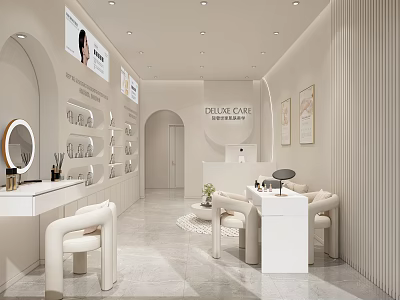 Modern Deluxe Care Beauty Hair Salon Interior With White Furniture Mirrors And Display Shelves 3d model