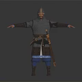 Medieval Warrior Wearing Metal Armor And Helmet Standing With Arms Outstretched Blue Pants Brown Boots