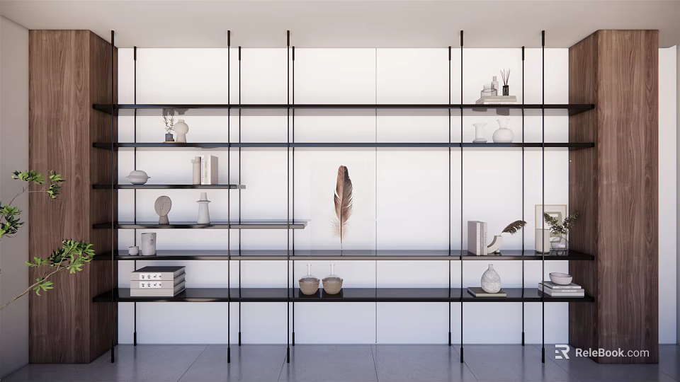 Stylish Modern Storage Shelving with Open Glass Metal Layers Decorative Items Books and Green Plants 3d model 