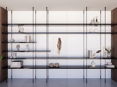 Stylish Modern Storage Shelving with Open Glass Metal Layers Decorative Items Books and Green Plants 3d model