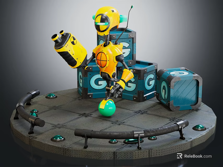 Smart Machine With Yellow Arm Green Ball And Blue Cubes On Circular Platform 3d model 