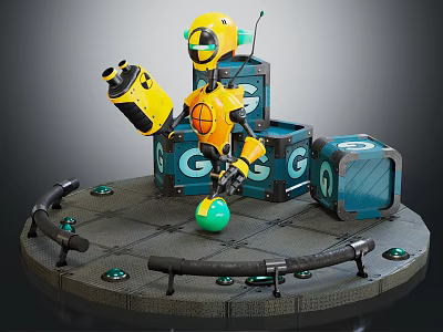 Smart Machine With Yellow Arm Green Ball And Blue Cubes On Circular Platform 3d model