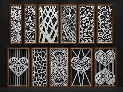 Decorative Room Dividers With Intricate Laser Cut Patterns And Dark Wooden Frames 3d model
