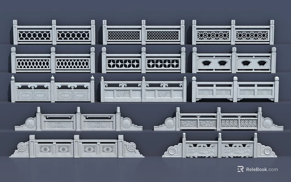 Different Design Styles Of Decorative Railings With Intricate Patterns 3d model
